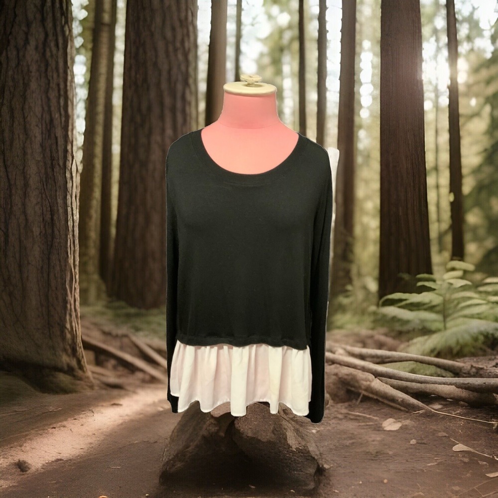 KAREN KANE  Ladies Top ‎ Black  W/ White Ruffled Fake Blouse Under Front Sz M